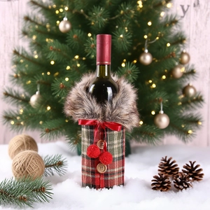 Christmas wine bottle cover with red plaid pattern and faux fur collar decoration