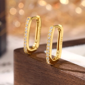 Elegant 925 sterling silver gold rectangular hoop earrings with pavé white zircon stones