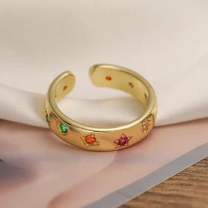 18K gold plated adjustable ring with geometric multi-colored zircons on white silk