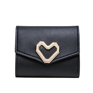 Minimalist black leather tri-fold heart wallet with golden heart buckle on white background