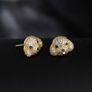Cute 18K gold plated dog stud earrings with sparkling cubic zirconia and black gemstone eyes