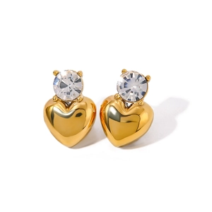 Minimalist 18k gold stainless steel earrings with white crystal and heart pendants