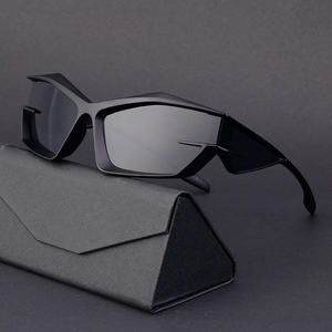 Futuristic Y2K wrap sunglasses in matte black with a textured triangular glasses case