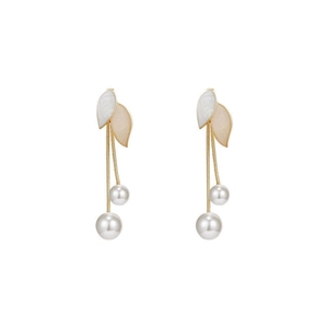 Elegant gold leaf earrings with white enamel finish and dangling long pearl tassels