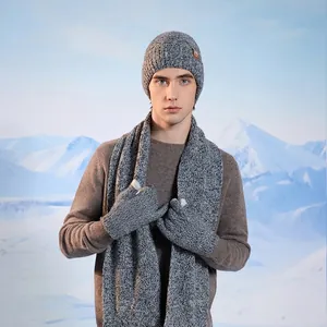 Winter thermal knit beanie hat scarf and gloves 3-piece set for men in snow mountain scene