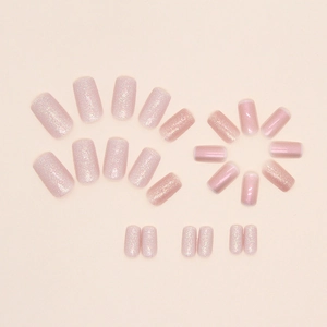 Pink cat eye press-on nails set with aurora glitter and sparkling magnetic effect