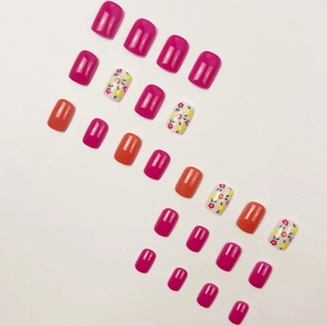 24pcs short square press-on nails with dark rose, orange, and floral patterns on white background