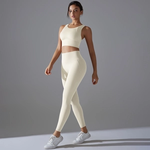 Damen Sport-Yoga-Set in Creme mit High-Waist-Leggings und gepolstertem Sport-Bra