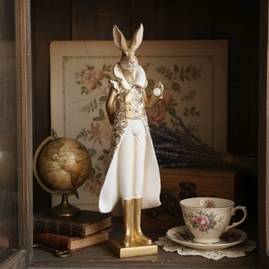 Elegant Victorian style resin rabbit gentleman ornament in gold coat with pocket watch