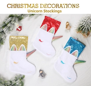 Three-pack festive unicorn Christmas stockings in red, gold and blue with sequin details