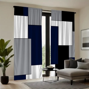 Modern geometric color block polyester curtains in black, blue, and grey for living room