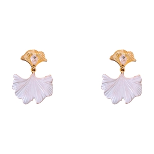 Elegant ginkgo leaf earrings with gold studs and white pearlescent drop pendants