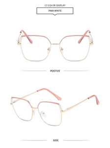 Front and side views of fashionable pink white cat-eye metal glasses frames