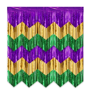 Detail of wavy metallic tinsel fringe curtain in purple, gold, and green for party backgrounds