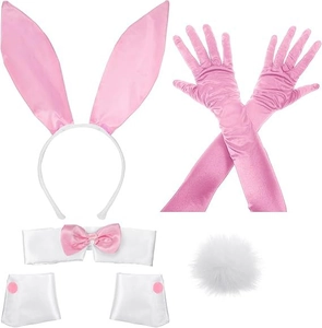 Pink satin bunny cosplay set with plush ears, long gloves and festive accessories