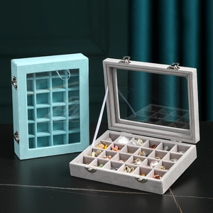 Large velvet jewelry storage boxes in blue and grey with glass lids and metal clasps