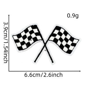 Detail of embroidered racing flag patch showing 6.6x3.9cm dimensions and weight
