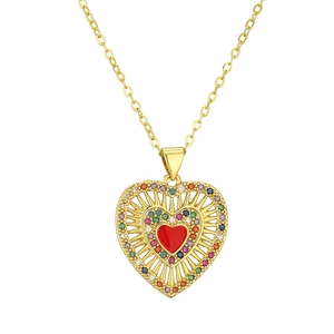 Golden heart pendant necklace featuring evil eye design and colorful small crystals