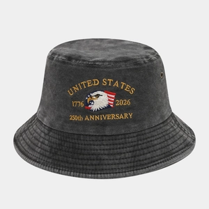 Detail of premium embroidery on washed cotton bucket hat for the USA 250th anniversary