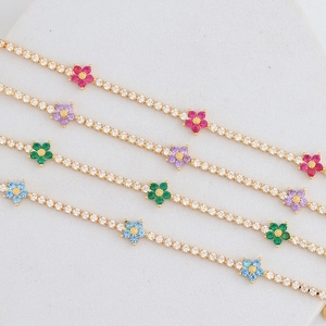 Colorful zircon flower bracelets with gold plating in red, purple, green and blue