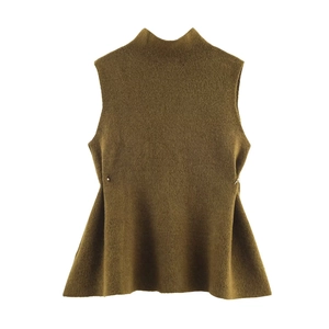 Olive green sleeveless knit peplum top with turtleneck and silver side hardware details