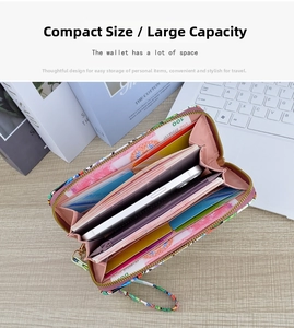 Internal view of a long floral zipper wallet showing card slots and phone compartment