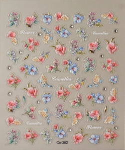 Detailed 5D embossed nail stickers featuring camellia flowers and golden foil accents