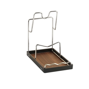 Multifunctional stainless steel lid holder with wood grain base for kitchen storage