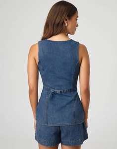 Vue détaillée de la boucle arrière du gilet et des coutures du short en jean bleu