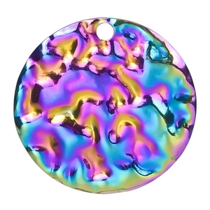 Detail showing the hammered texture and rainbow metallic finish of a round pendant charm
