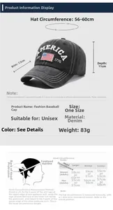 Size chart for washed denim baseball cap with head circumference measurements