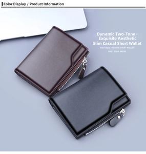 Detail view of coffee and black men's short tri-fold wallets with side zipper and multiple slots