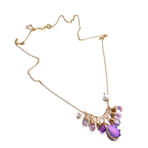 Natural freshwater pearl necklace with purple gemstone pendant on 925 silver gold chain