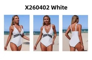Front and back views of a white one-piece swimsuit with black geometric embroidery details