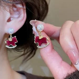 Rocking Horse Drop Earrings With 925 Sterling Silver Earring Post Faux Artificial Pearl Red Flocked Alloy Rhinestone Festive Style