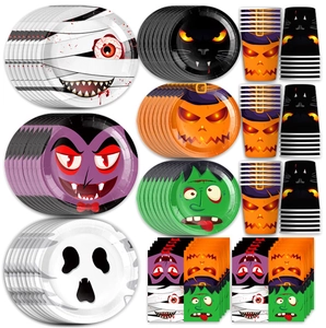 Halloween party tableware set with mummy and pumpkin prints on paper plates and cups
