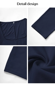 Detailed views of navy blue yoga romper showing fabric texture, seams, and size S label