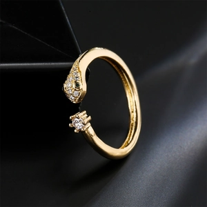 18K gold plated snake open ring with green stone eyes and white cubic zirconia accents