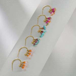 Bohemian 14K gold plated C-shaped hoop earrings with colorful natural stone beads