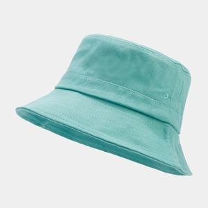 Detail view of cotton bucket hat in teal featuring breathable metal eyelets and stitching