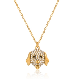 Close-up of gold stainless steel necklace with a crystal-encrusted dog head pendant