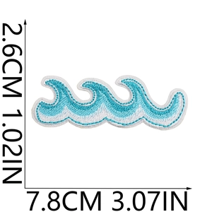 Detail showing 7.8cm ocean wave embroidery patch with blue threads and size measurements