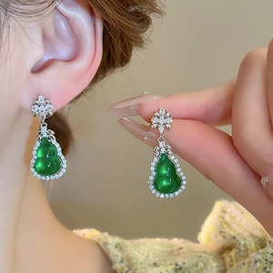 Green gourd earrings with floral rhinestone hooks and sparkling silver crystal accents