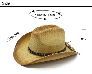 Detail view of khaki straw cowboy hat with dimensions showing 9cm brim and 12cm height