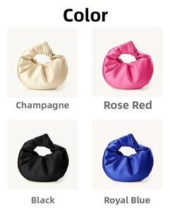 Detail of satin cloud bags in champagne, rose red, black and royal blue color options