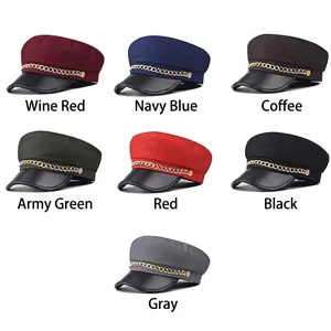 British style baker boy caps set with metal chains and leather brims in seven colors
