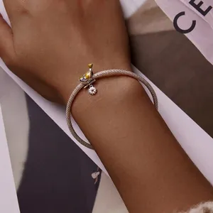 S925 sterling silver bird and flower charm bracelet with enamel finish for women
