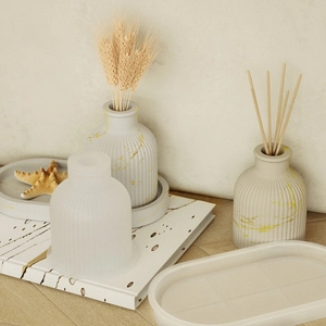 Detail of silicone molds for resin vase and tray set with marble finish results
