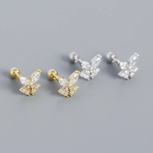 Detailed view of S925 silver butterfly earrings with sparkling cubic zirconia and screw backs