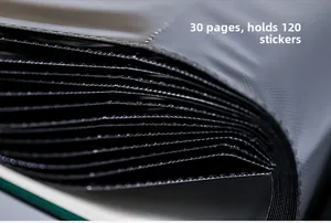 Detail view of black 30-page nail sticker storage book with 120 slots capacity